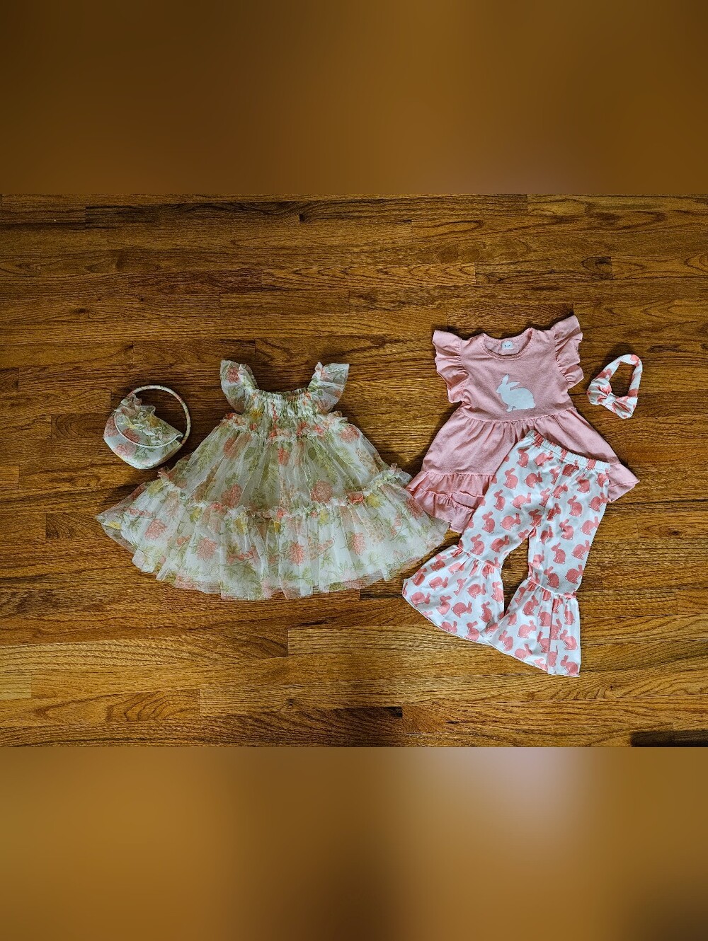 Pink Ruffle Bunny Top With Pants And Floral Tulle Dress With Purse